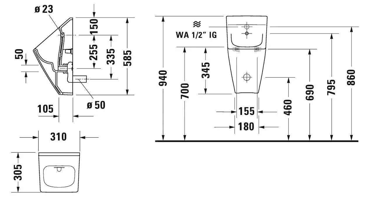 Duravit Viu - Urinoir, Verdekte Toevoer, Rimless, Met WonderGliss, Wit 28163000071 4 Duravit Viu - Urinoir, Verdekte Toevoer, Rimless, Met WonderGliss, Wit 28163000071 - Afbeelding 2